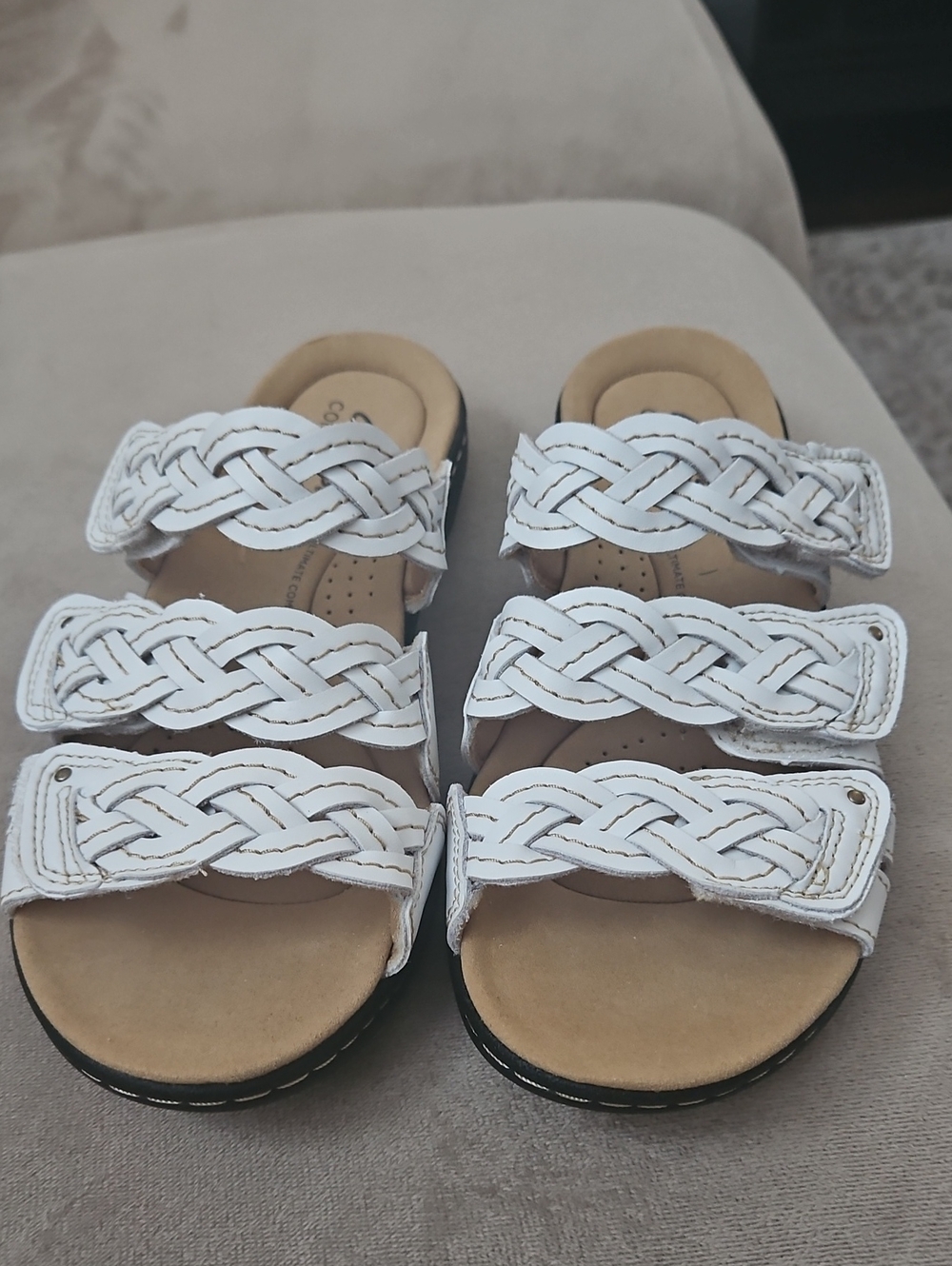 Clarks White Braided Triple-Strap Sandals Worn Once Size 7